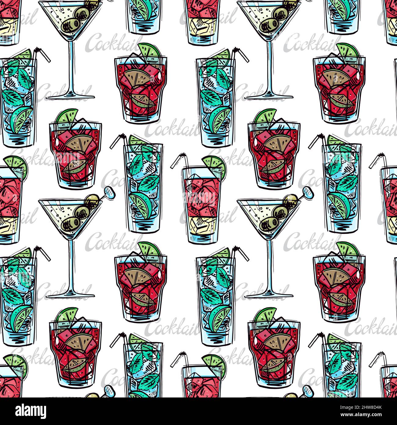 seamless background of different cocktails. hand-drawn illustration