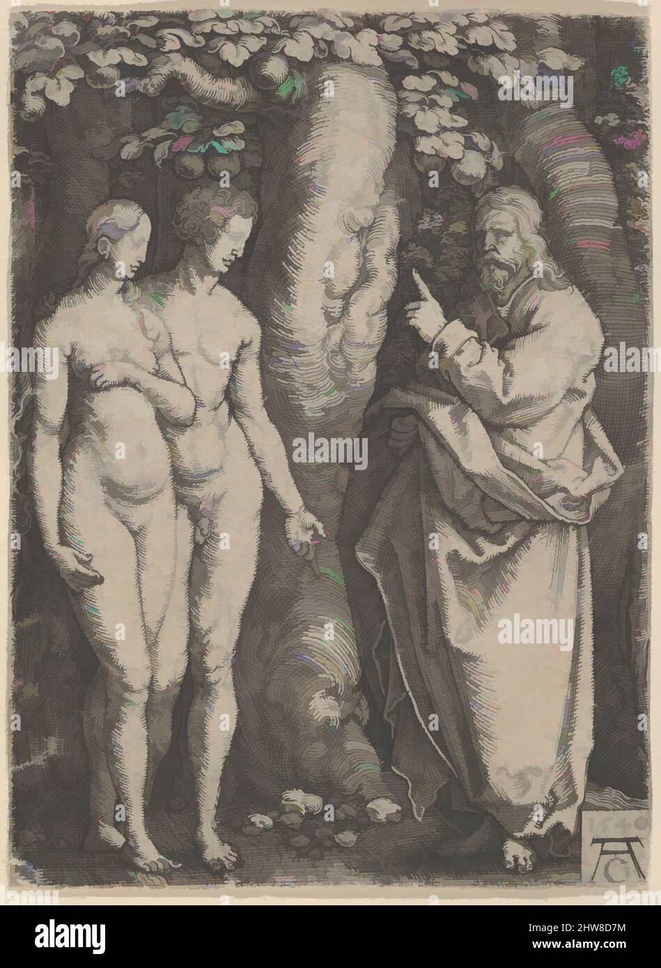Art inspired by God Forbidding Adam and Eve to Eat from the Tree of Knowledge, from The Story of Adam and Eve, 1540, Engraving, Sheet: 3 3/8 × 2 1/2 in. (8.6 × 6.4 cm), Prints, Heinrich Aldegrever (German, Paderborn ca. 1502–1555/1561 Soest), God, at right, addresses Adam and Eve, who, Classic works modernized by Artotop with a splash of modernity. Shapes, color and value, eye-catching visual impact on art. Emotions through freedom of artworks in a contemporary way. A timeless message pursuing a wildly creative new direction. Artists turning to the digital medium and creating the Artotop NFT Stock Photo