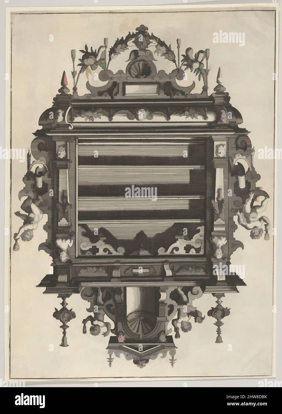 Art inspired by Wall-mounted Shelf Unit from 'Verscheyden Schrynwerck (...)' 'Plusieurs Menuiseries (...)', 1658, Engraving, Sheet: 10 15/16 × 7 7/8 in. (27.8 × 20 cm) cropped within plate mark, after Paul Vredeman de Vries (Netherlandish, Antwerp 1567–1630), Design for a wall-mounted, Classic works modernized by Artotop with a splash of modernity. Shapes, color and value, eye-catching visual impact on art. Emotions through freedom of artworks in a contemporary way. A timeless message pursuing a wildly creative new direction. Artists turning to the digital medium and creating the Artotop NFT Stock Photo