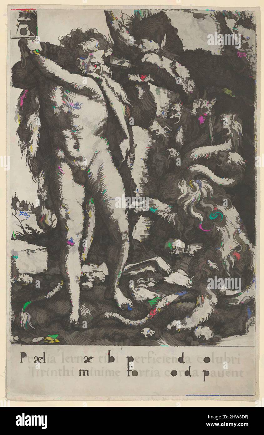 Art inspired by Hercules Fighting the Hydra of Lerna, from The Labors of Hercules, 1550, Engraving, Sheet: 4 1/4 × 2 11/16 in. (10.8 × 6.9 cm), Prints, Heinrich Aldegrever (German, Paderborn ca. 1502–1555/1561 Soest, Classic works modernized by Artotop with a splash of modernity. Shapes, color and value, eye-catching visual impact on art. Emotions through freedom of artworks in a contemporary way. A timeless message pursuing a wildly creative new direction. Artists turning to the digital medium and creating the Artotop NFT Stock Photo