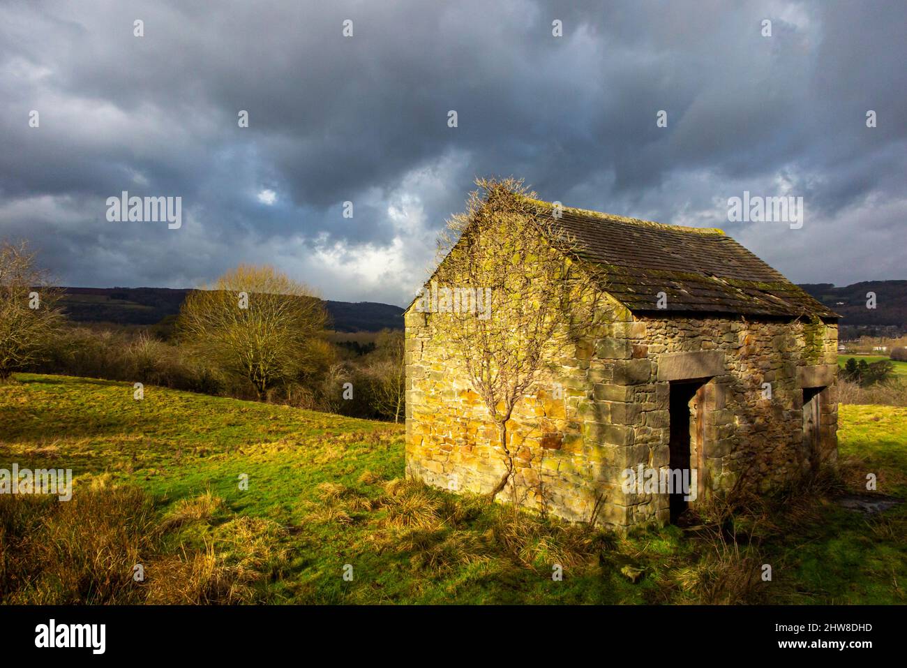 Field barn in typical Peak District landscape at Oaker near Matlock in the Derbyshire Dales England UK Stock Photo