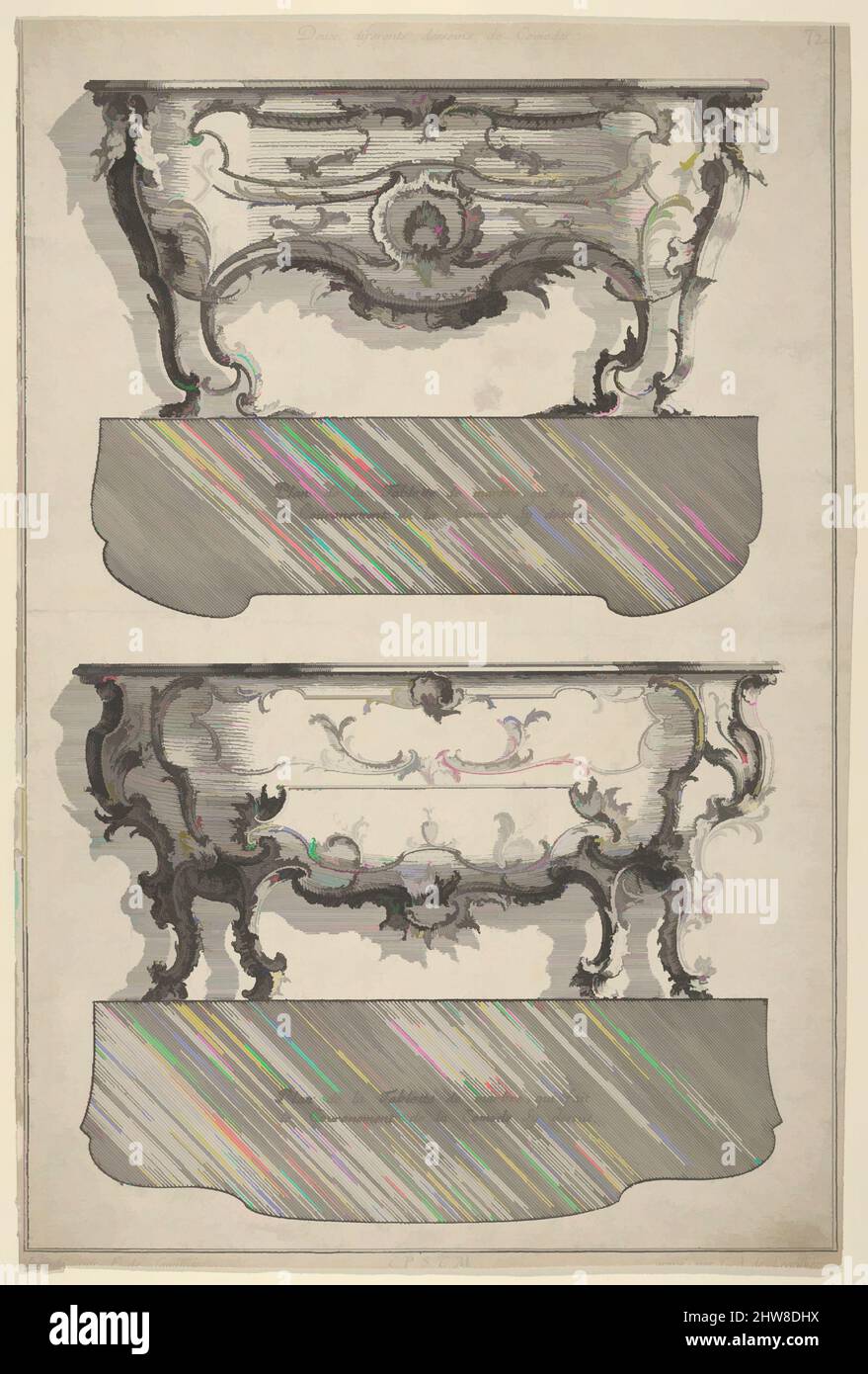 Art inspired by Designs for Two Commodes, from 'Livre de differents dessein de Comodes', 1745–56, Etching, Sheet: 13 5/16 × 9 in. (33.8 × 22.8 cm), Jean François Cuvilliés the Elder (German (born Belgian), Soignies 1695–1768 Munich), Two designs for commodes, placed one above the other, Classic works modernized by Artotop with a splash of modernity. Shapes, color and value, eye-catching visual impact on art. Emotions through freedom of artworks in a contemporary way. A timeless message pursuing a wildly creative new direction. Artists turning to the digital medium and creating the Artotop NFT Stock Photo
