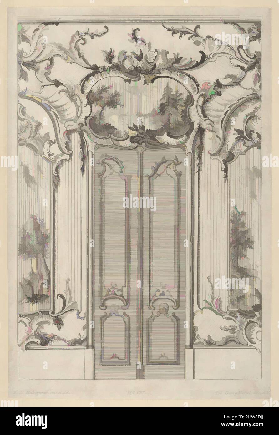 Art inspired by Wall Elevation with a Double Door, from 'Wandfüllungen', ca. 1748–70, Etching, Sheet: 13 1/2 × 8 1/8 in. (34.3 × 20.6 cm), Franz Xavier Habermann (German, 1721–1796), Wall elevation in Rococo style with a double door in the center. Over the door there is an overdoor, Classic works modernized by Artotop with a splash of modernity. Shapes, color and value, eye-catching visual impact on art. Emotions through freedom of artworks in a contemporary way. A timeless message pursuing a wildly creative new direction. Artists turning to the digital medium and creating the Artotop NFT Stock Photo
