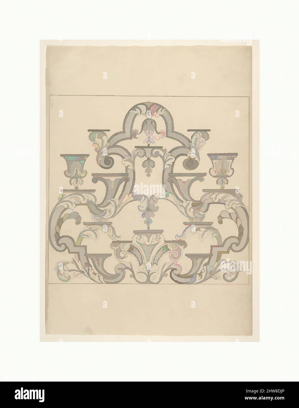 Art inspired by Design for a Shelf System to Display Porcelain, ca. 1700–1730, Pen and black ink, gray wash., Sheet: 10 15/16 × 7 7/8 in. (27.8 × 20 cm), Anonymous, 18th century, Design for a system for porcelain display, often found over the mantel of a chimneypiece or attached to the, Classic works modernized by Artotop with a splash of modernity. Shapes, color and value, eye-catching visual impact on art. Emotions through freedom of artworks in a contemporary way. A timeless message pursuing a wildly creative new direction. Artists turning to the digital medium and creating the Artotop NFT Stock Photo