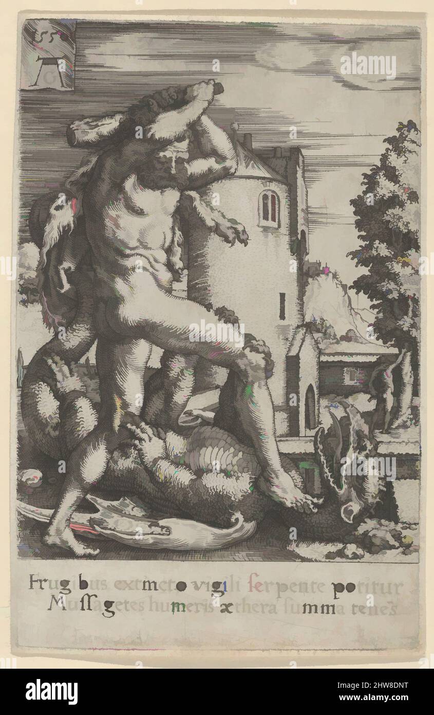 Art inspired by Hercules Killing the Dragon Ladon, from The Labors of Hercules, 1550, Engraving, Sheet: 4 5/8 × 3 1/4 in. (11.8 × 8.2 cm), Prints, Heinrich Aldegrever (German, Paderborn ca. 1502–1555/1561 Soest, Classic works modernized by Artotop with a splash of modernity. Shapes, color and value, eye-catching visual impact on art. Emotions through freedom of artworks in a contemporary way. A timeless message pursuing a wildly creative new direction. Artists turning to the digital medium and creating the Artotop NFT Stock Photo