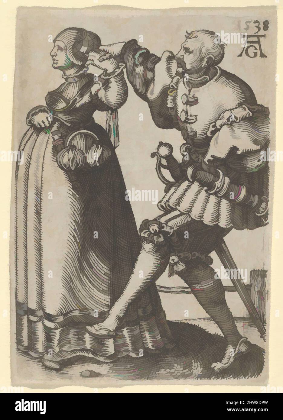 Art inspired by Dancing Couple, with the Male Figure Mid-Step, from The Small Wedding Dancers, 1538, Engraving, Sheet: 2 1/8 × 1 1/2 in. (5.4 × 3.8 cm), Prints, Heinrich Aldegrever (German, Paderborn ca. 1502–1555/1561 Soest, Classic works modernized by Artotop with a splash of modernity. Shapes, color and value, eye-catching visual impact on art. Emotions through freedom of artworks in a contemporary way. A timeless message pursuing a wildly creative new direction. Artists turning to the digital medium and creating the Artotop NFT Stock Photo