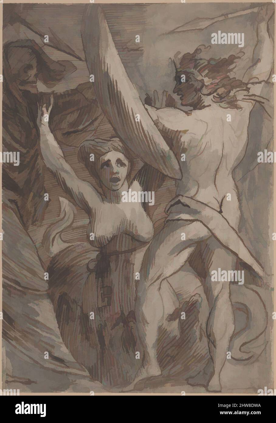 Art inspired by Satan, Sin, and Death: 'Death and Sin met by Satan on his Return from Earth', 1792–95, Graphite, brush and brown ink, gray and brown wash heightened with touches of white, Sheet: 23 1/4 × 16 3/8 in. (59 × 41.6 cm), Drawings, James Barry (Irish, Cork 1741–1806 London, Classic works modernized by Artotop with a splash of modernity. Shapes, color and value, eye-catching visual impact on art. Emotions through freedom of artworks in a contemporary way. A timeless message pursuing a wildly creative new direction. Artists turning to the digital medium and creating the Artotop NFT Stock Photo