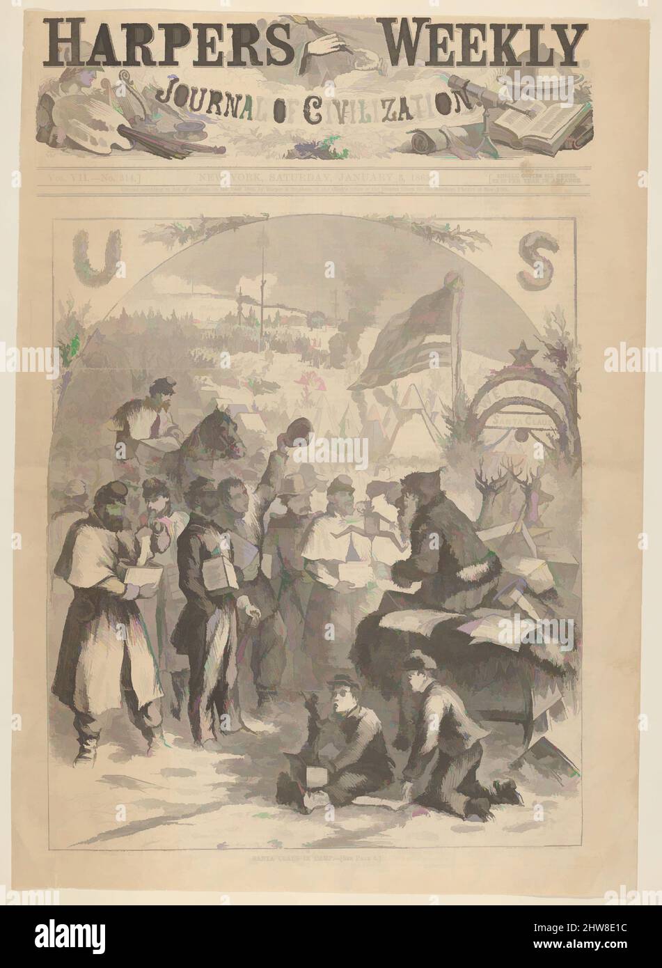 Art inspired by Santa Claus in Camp (from Harper's Weekly), January 3, 1863, Wood engraving, Sheet: 14 3/4 × 10 9/16 in. (37.4 × 26.8 cm), Prints, Thomas Nast (American (born Germany), Landau 1840–1902 Guayaquil), Nast's image was published in the 1862 Christmas issue of Harper’s, Classic works modernized by Artotop with a splash of modernity. Shapes, color and value, eye-catching visual impact on art. Emotions through freedom of artworks in a contemporary way. A timeless message pursuing a wildly creative new direction. Artists turning to the digital medium and creating the Artotop NFT Stock Photo