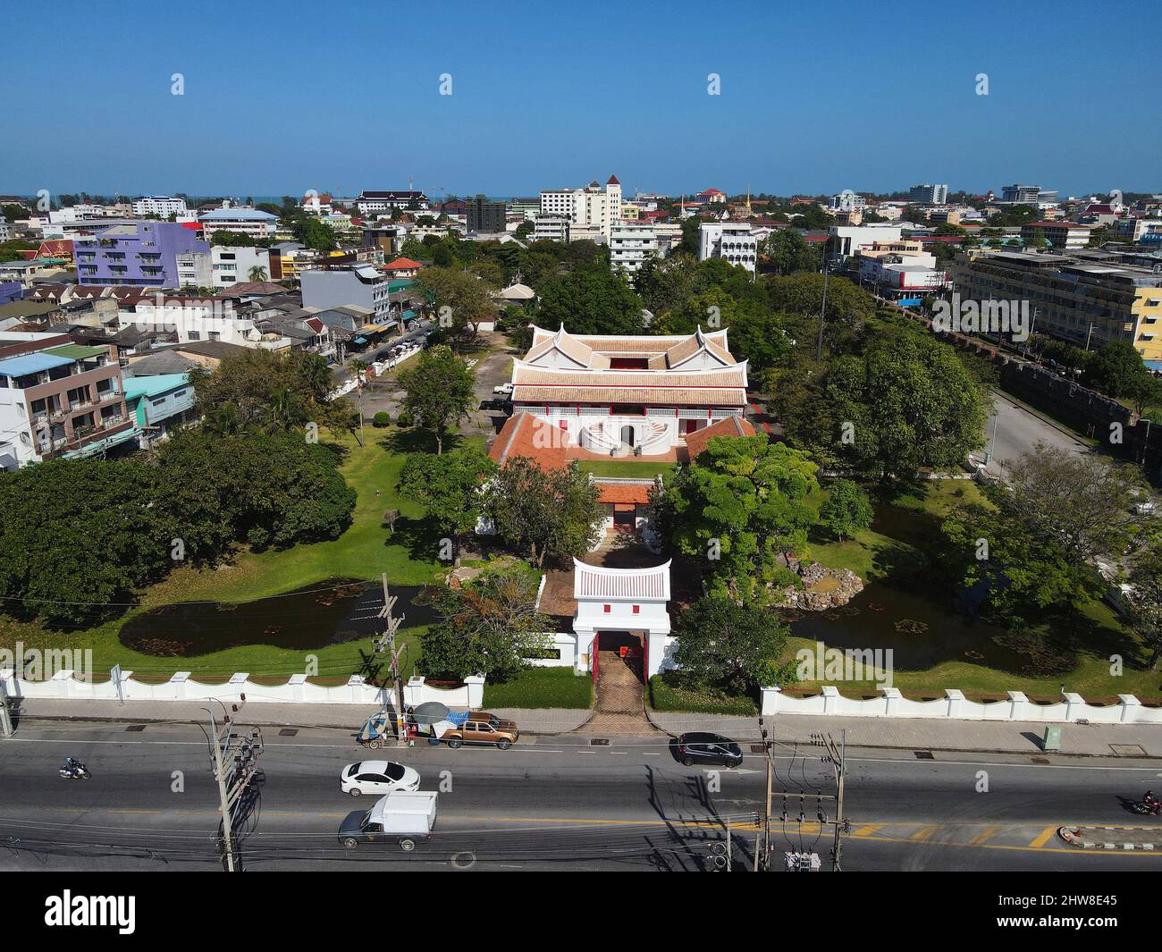 Aerial drone view of Songkhla National Museum in Songkhla Old Town