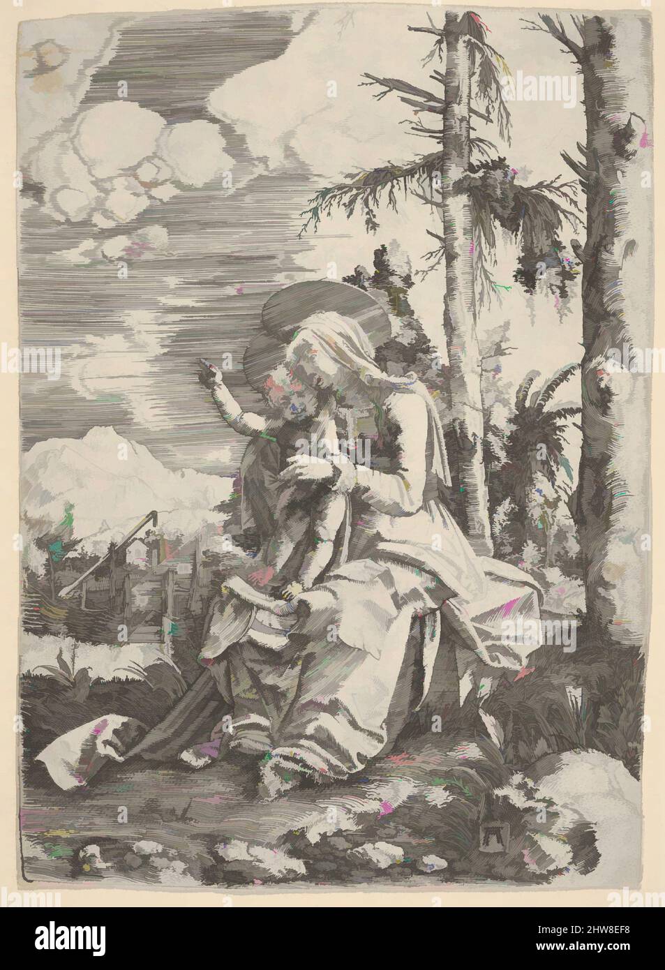 The Virgin with the Blessing Child in a Landscape, Engraving, Sheet: 6 7/8 × 4 11/16 in. (17.5 × 11.9 cm), Prints, Albrecht Altdorfer (German, Regensburg ca. 1480–1538 Regensburg) Stock Photo