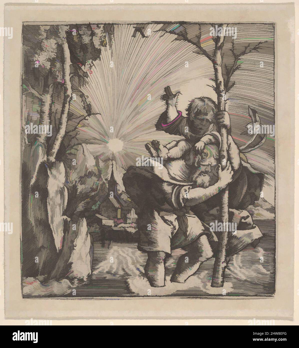 Saint Christopher Carrying the Christ Child, Engraving, Sheet: 2 3/4 × 2 5/8 in. (7 × 6.6 cm), Prints, Albrecht Altdorfer (German, Regensburg ca. 1480–1538 Regensburg) Stock Photo