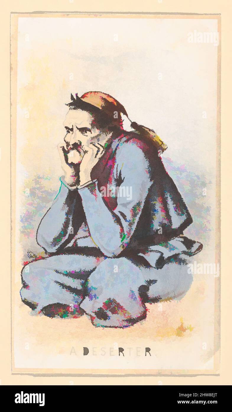 Art inspired by Life in Camp, Part 2: A Deserter, 1864, Color lithograph, Sheet: 4 1/8 x 2 3/8 in. (10.4 x 6.1 cm), Prints, Winslow Homer (American, Boston, Massachusetts 1836–1910 Prouts Neck, Maine), In 1864 Homer designed two series of lithographed collectors’ cards titled Life in, Classic works modernized by Artotop with a splash of modernity. Shapes, color and value, eye-catching visual impact on art. Emotions through freedom of artworks in a contemporary way. A timeless message pursuing a wildly creative new direction. Artists turning to the digital medium and creating the Artotop NFT Stock Photo