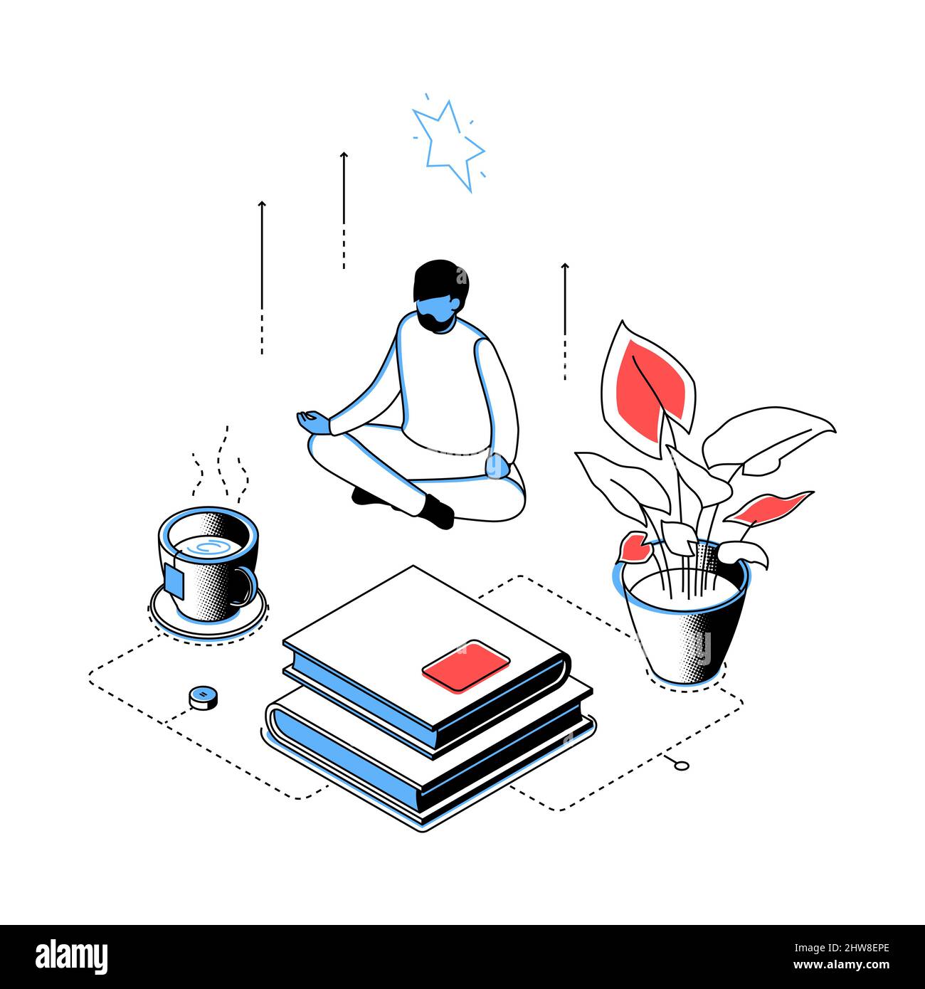 Home meditation - modern line isometry design style illustration on white background. A man in a lotus position is resting from work. Levitation, calm Stock Vector
