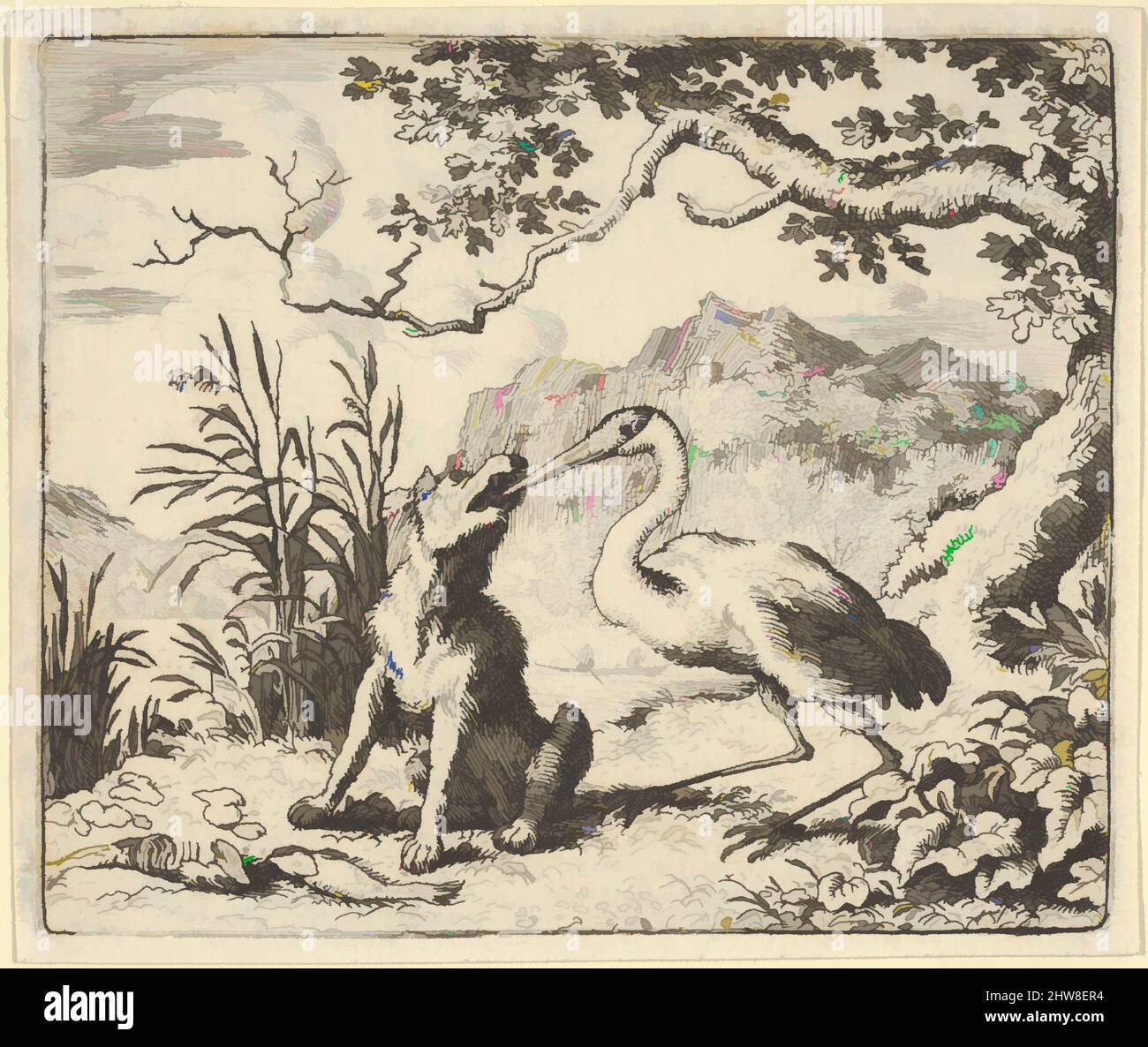 Art inspired by The Stork Removes a Bone from the Wolf's Throat from Hendrick van Alcmar's Renard The Fox, 1650–75, Engraving; third state of four, Plate: 3 13/16 × 4 1/2 in. (9.7 × 11.5 cm), Prints, Allart van Everdingen (Dutch, Alkmaar 1621–1675 Amsterdam, Classic works modernized by Artotop with a splash of modernity. Shapes, color and value, eye-catching visual impact on art. Emotions through freedom of artworks in a contemporary way. A timeless message pursuing a wildly creative new direction. Artists turning to the digital medium and creating the Artotop NFT Stock Photo