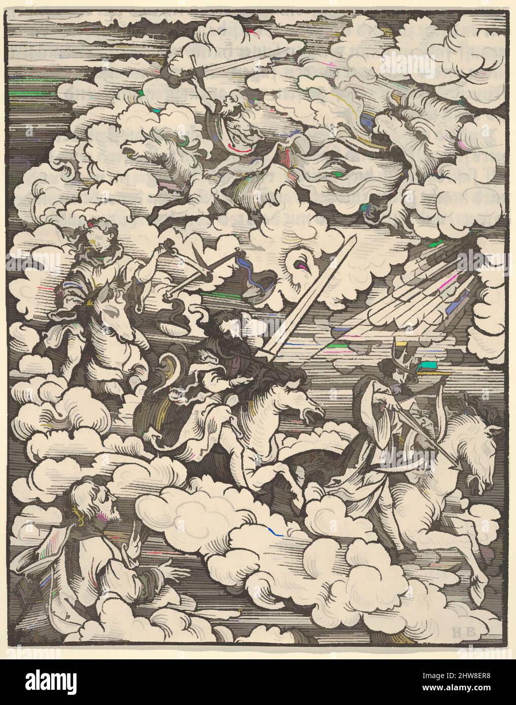 Art inspired by The Apocalyptic Riders, from The Apocalypse, 1523–24, Woodcut, Sheet: 6 7/16 × 5 1/16 in. (16.3 × 12.9 cm), Prints, Hans Burgkmair (German, Augsburg 1473–1531 Augsburg), Plate 3 from a series of 21 woodcuts with scenes from the Apocalypse for Martin Luther's translation, Classic works modernized by Artotop with a splash of modernity. Shapes, color and value, eye-catching visual impact on art. Emotions through freedom of artworks in a contemporary way. A timeless message pursuing a wildly creative new direction. Artists turning to the digital medium and creating the Artotop NFT Stock Photo