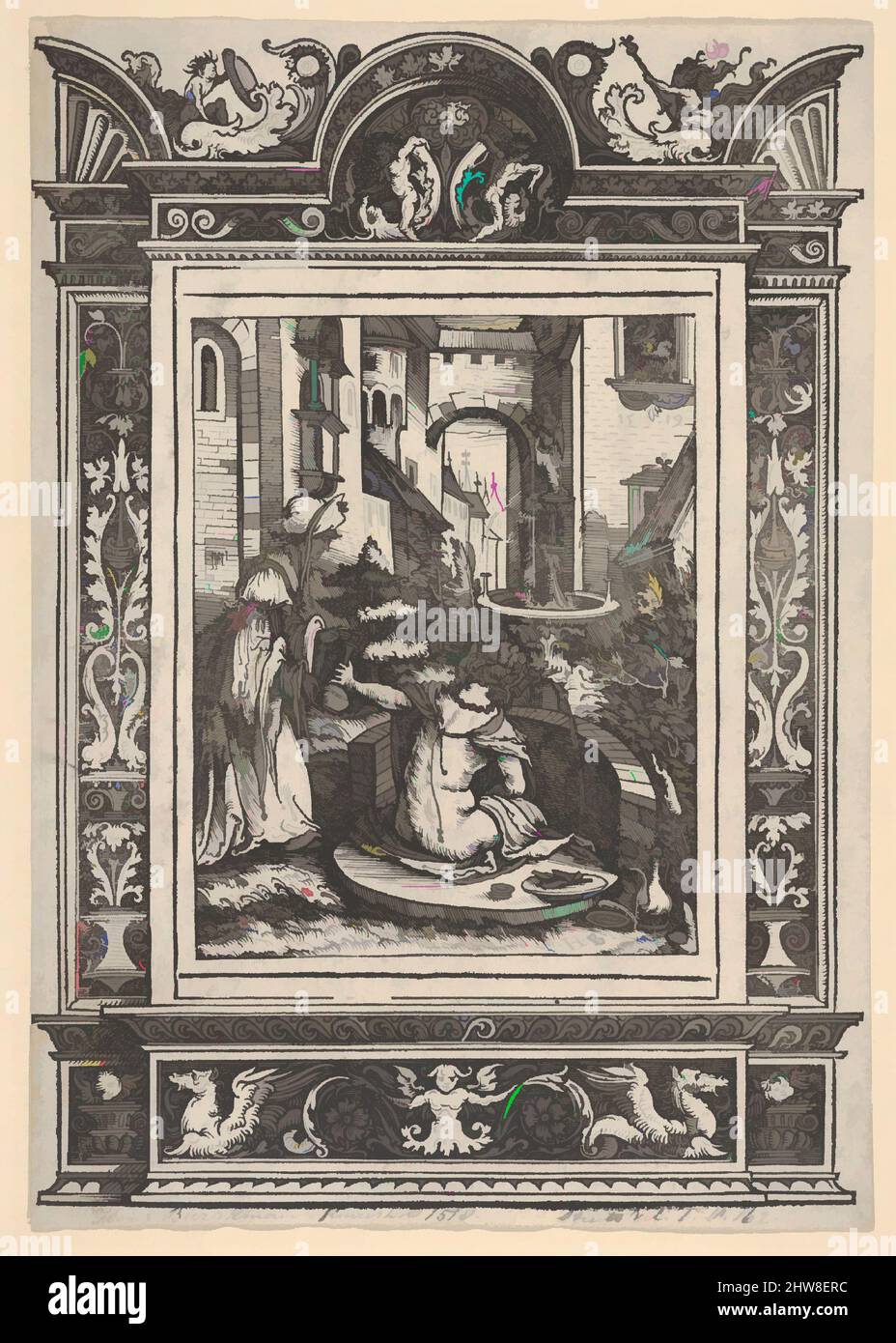 Art inspired by Bathsheba Bathing, from Women's Wile (Weiberlisten), Woodcut; second state of three (Hollstein), Sheet: 8 3/4 × 6 in. (22.3 × 15.2 cm), Prints, Hans Burgkmair (German, Augsburg 1473–1531 Augsburg), Border by Hans Weiditz the Younger (German, Freiburg im Breisgau before, Classic works modernized by Artotop with a splash of modernity. Shapes, color and value, eye-catching visual impact on art. Emotions through freedom of artworks in a contemporary way. A timeless message pursuing a wildly creative new direction. Artists turning to the digital medium and creating the Artotop NFT Stock Photo
