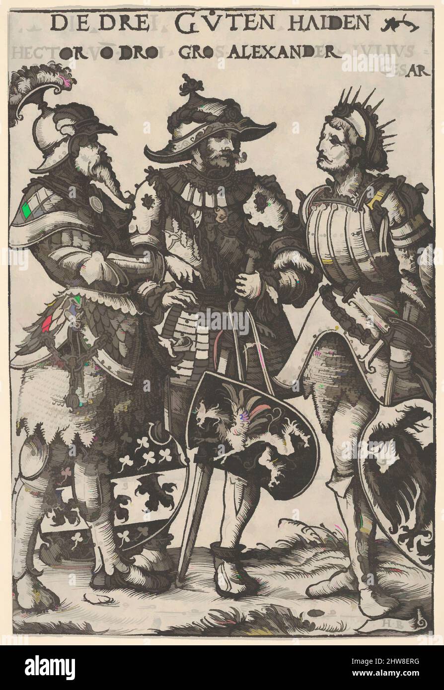 Art inspired by The Three Heathen Heroes (Die Drei Guten Haiden), from Heroes and Heroines, 1516, Woodcut; first state of three (Hollstein), Sheet: 7 5/8 × 5 3/16 in. (19.4 × 13.1 cm), Prints, Hans Burgkmair (German, Augsburg 1473–1531 Augsburg), Block cut by Jost de Negker (1480–1546, Classic works modernized by Artotop with a splash of modernity. Shapes, color and value, eye-catching visual impact on art. Emotions through freedom of artworks in a contemporary way. A timeless message pursuing a wildly creative new direction. Artists turning to the digital medium and creating the Artotop NFT Stock Photo