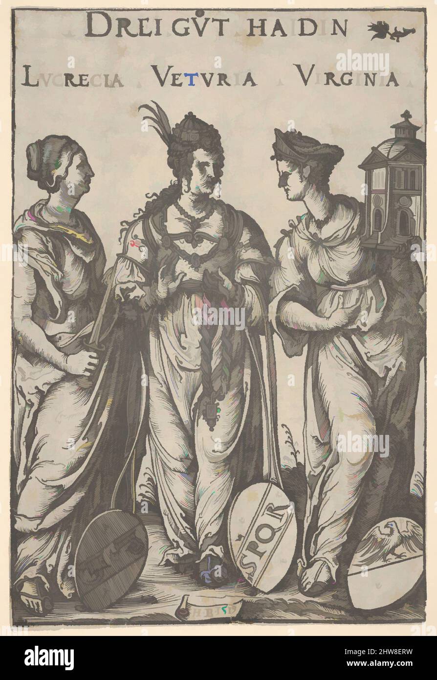 Art inspired by The Three Heathen Heroines (Drei Gut Haidin), from Heroes and Heroines, 1519, Woodcut; first state of three, Sheet: 7 5/8 × 5 3/16 in. (19.3 × 13.1 cm), Prints, Hans Burgkmair (German, Augsburg 1473–1531 Augsburg), Block cut by Jost de Negker (1480–1546), Standing, from, Classic works modernized by Artotop with a splash of modernity. Shapes, color and value, eye-catching visual impact on art. Emotions through freedom of artworks in a contemporary way. A timeless message pursuing a wildly creative new direction. Artists turning to the digital medium and creating the Artotop NFT Stock Photo