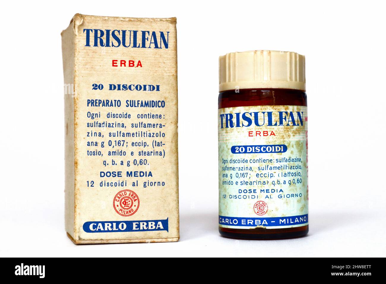 Vintage 1950s TRISULFAN ERBA, Sulfonamide medicine for the treatment of streptococcus pneumoniae, meningococcus infections. CARLO ERBA – Milan (Italy) Stock Photo