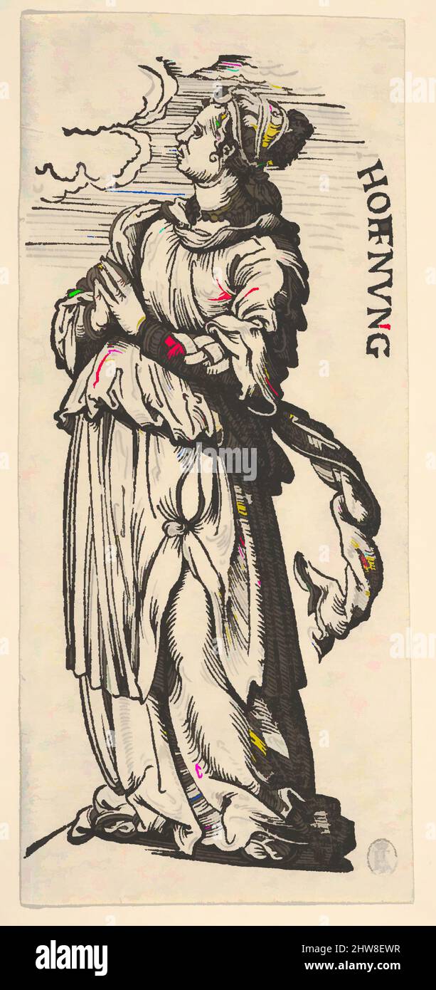 Art inspired by Hope (Hoffnung), from The Seven Virtues, Woodcut; third state of three (Hollstein), Sheet: 6 13/16 × 3 1/16 in. (17.3 × 7.7 cm), Prints, Hans Burgkmair (German, Augsburg 1473–1531 Augsburg, Classic works modernized by Artotop with a splash of modernity. Shapes, color and value, eye-catching visual impact on art. Emotions through freedom of artworks in a contemporary way. A timeless message pursuing a wildly creative new direction. Artists turning to the digital medium and creating the Artotop NFT Stock Photo