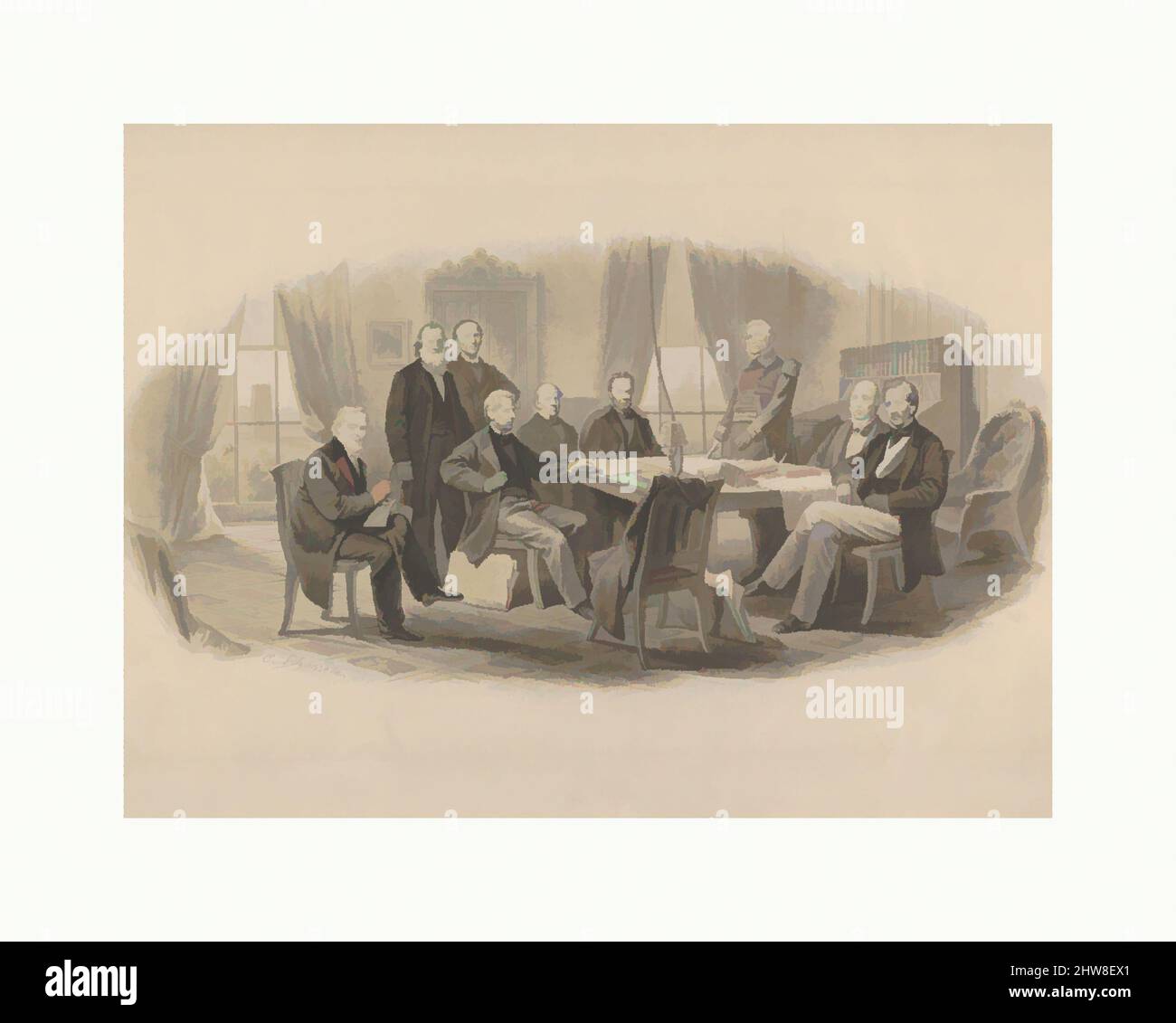 Art inspired by President Lincoln and His Cabinet, ca. 1861, Pen and ink, brush and wash, Sheet: 10 7/8 × 15 1/8 in. (27.6 × 38.4 cm), Drawings, Christian Schussele (American (born France), Guebwiller 1824–1879 Merchantville, New Jersey), Schussele’s drawing documents Lincoln's chief, Classic works modernized by Artotop with a splash of modernity. Shapes, color and value, eye-catching visual impact on art. Emotions through freedom of artworks in a contemporary way. A timeless message pursuing a wildly creative new direction. Artists turning to the digital medium and creating the Artotop NFT Stock Photo