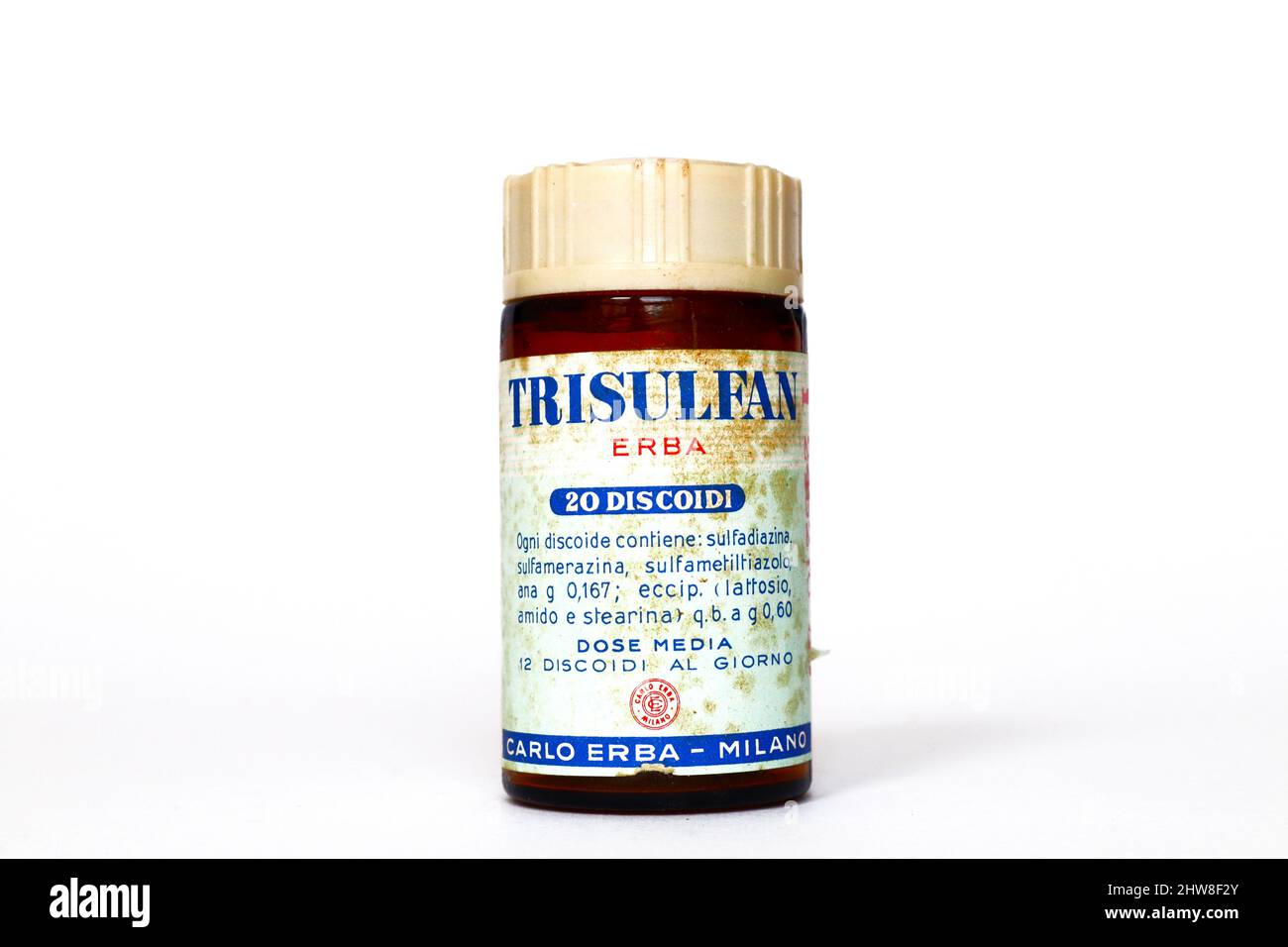 Vintage 1950s TRISULFAN ERBA, Sulfonamide medicine for the treatment of streptococcus pneumoniae, meningococcus infections. CARLO ERBA – Milan (Italy) Stock Photo