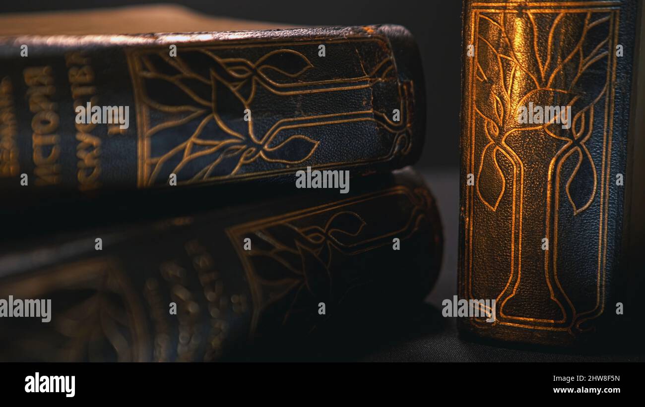 Vintage Russian books, close-up. Two volumes of Art History lying on the table in the dark room. Stock Photo