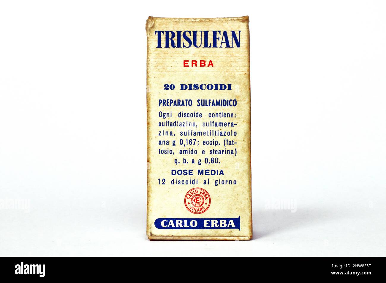 Vintage 1950s TRISULFAN ERBA, Sulfonamide medicine for the treatment of streptococcus pneumoniae, meningococcus infections. CARLO ERBA – Milan (Italy) Stock Photo