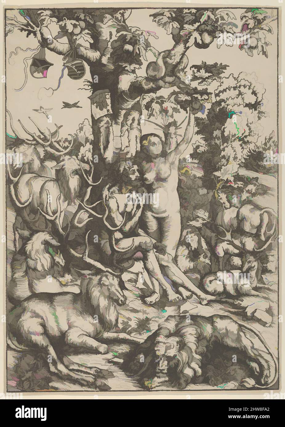 Art inspired by Adam and Eve in Paradise, 1509, Woodblock, Sheet: 13 3/8 × 9 9/16 in. (33.9 × 24.3 cm), Prints, Lucas Cranach the Elder (German, Kronach 1472–1553 Weimar, Classic works modernized by Artotop with a splash of modernity. Shapes, color and value, eye-catching visual impact on art. Emotions through freedom of artworks in a contemporary way. A timeless message pursuing a wildly creative new direction. Artists turning to the digital medium and creating the Artotop NFT Stock Photo
