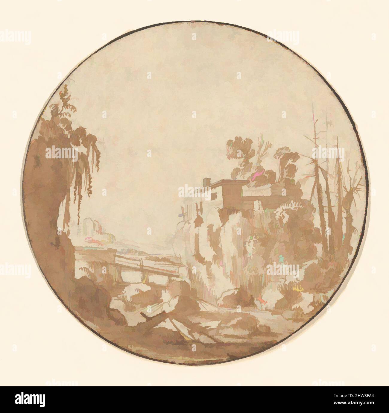 Art inspired by Rocky Landscape With a Bridge and a House, early 17th century, Pen and brown ink, brown wash, incised for transfer; framing line in pen and black ink, probably by a later hand, Diameter: 3 3/4 in. (9.6 cm), Drawings, Charles Cornelisz. de Hooch (Dutch, The Hague? ca, Classic works modernized by Artotop with a splash of modernity. Shapes, color and value, eye-catching visual impact on art. Emotions through freedom of artworks in a contemporary way. A timeless message pursuing a wildly creative new direction. Artists turning to the digital medium and creating the Artotop NFT Stock Photo