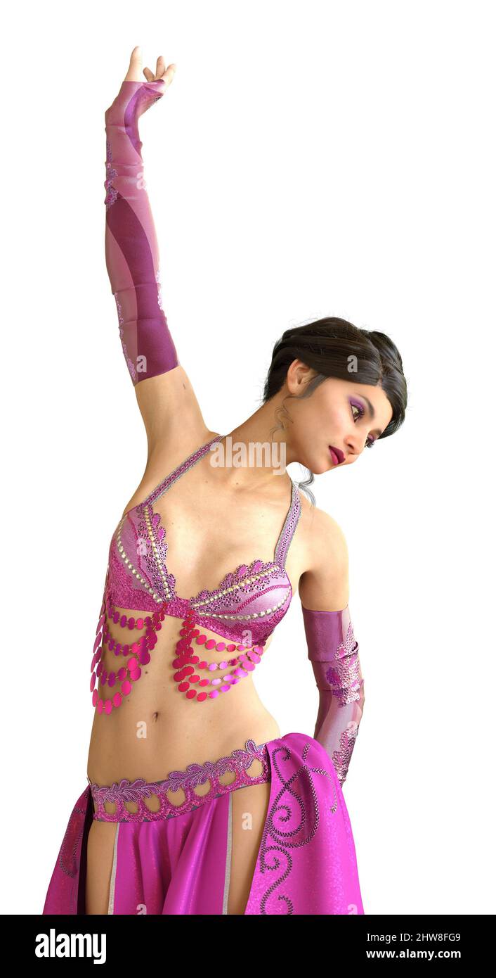 Young woman belly dancer in pink bedlah costume, 3D Illustration