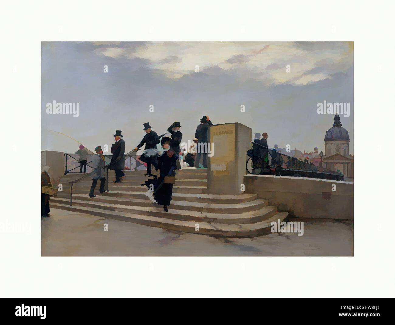 Art inspired by A Windy Day on the Pont des Arts, ca. 1880–81, Oil on canvas, 15 5/8 x 22 1/4 in. (39.7 x 56.5 cm), Paintings, Jean Béraud (French, St. Petersburg 1849–1936 Paris), This painting of about 1880–81 depicts the Pont des Arts, a footbridge spanning the Seine between the, Classic works modernized by Artotop with a splash of modernity. Shapes, color and value, eye-catching visual impact on art. Emotions through freedom of artworks in a contemporary way. A timeless message pursuing a wildly creative new direction. Artists turning to the digital medium and creating the Artotop NFT Stock Photo