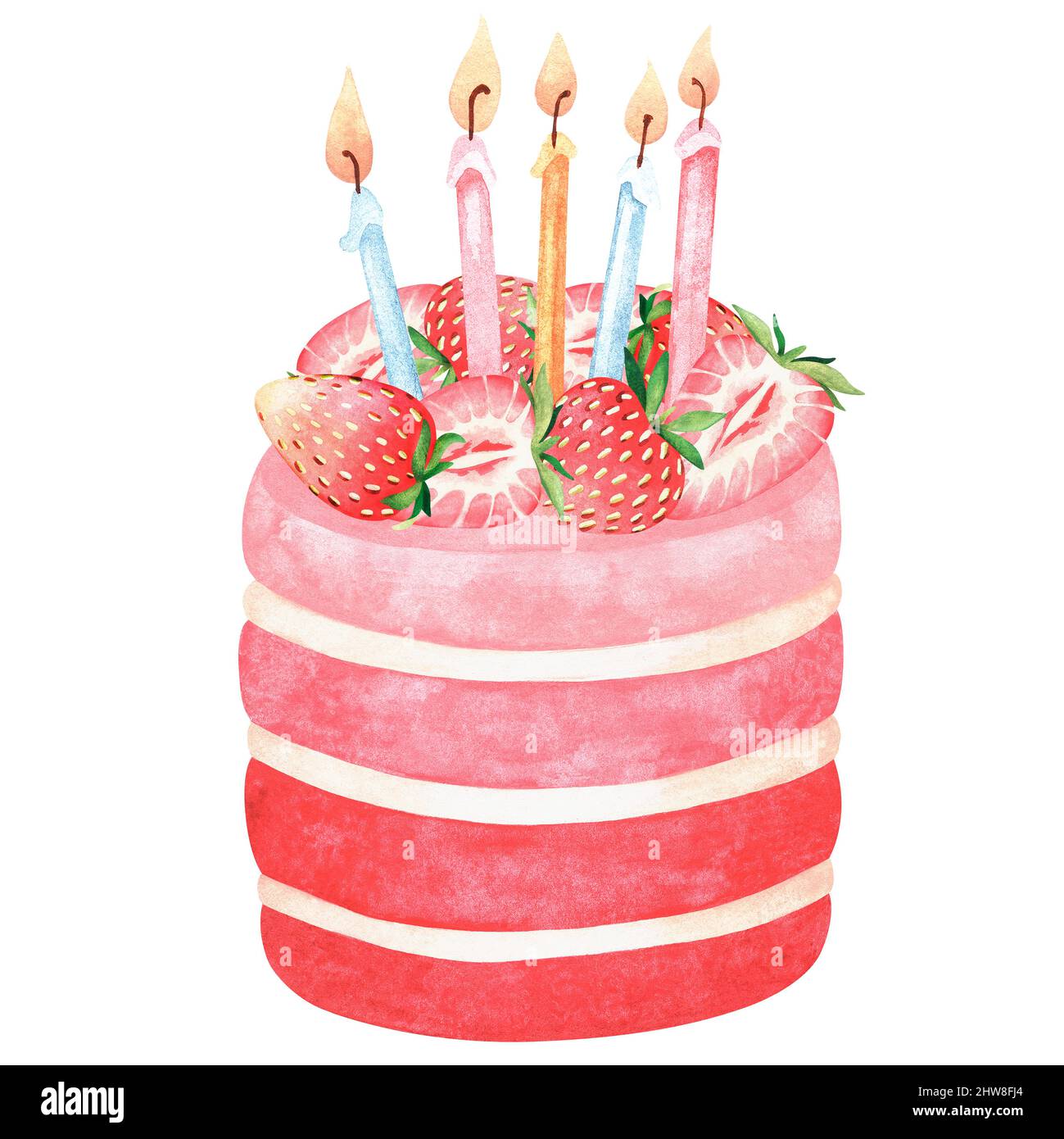 Strawberry birthday cake with candles. Watercolor vintage illustration