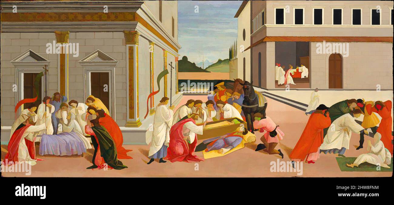 Art inspired by Three Miracles of Saint Zenobius, 1500–1510, Tempera on wood, 26 1/2 x 59 1/4 in. (67.3 x 150.5 cm), Paintings, Botticelli (Alessandro di Mariano Filipepi) (Italian, Florence 1444/45–1510 Florence), The picture dates about 1500 and is painted in the somewhat harsh style, Classic works modernized by Artotop with a splash of modernity. Shapes, color and value, eye-catching visual impact on art. Emotions through freedom of artworks in a contemporary way. A timeless message pursuing a wildly creative new direction. Artists turning to the digital medium and creating the Artotop NFT Stock Photo