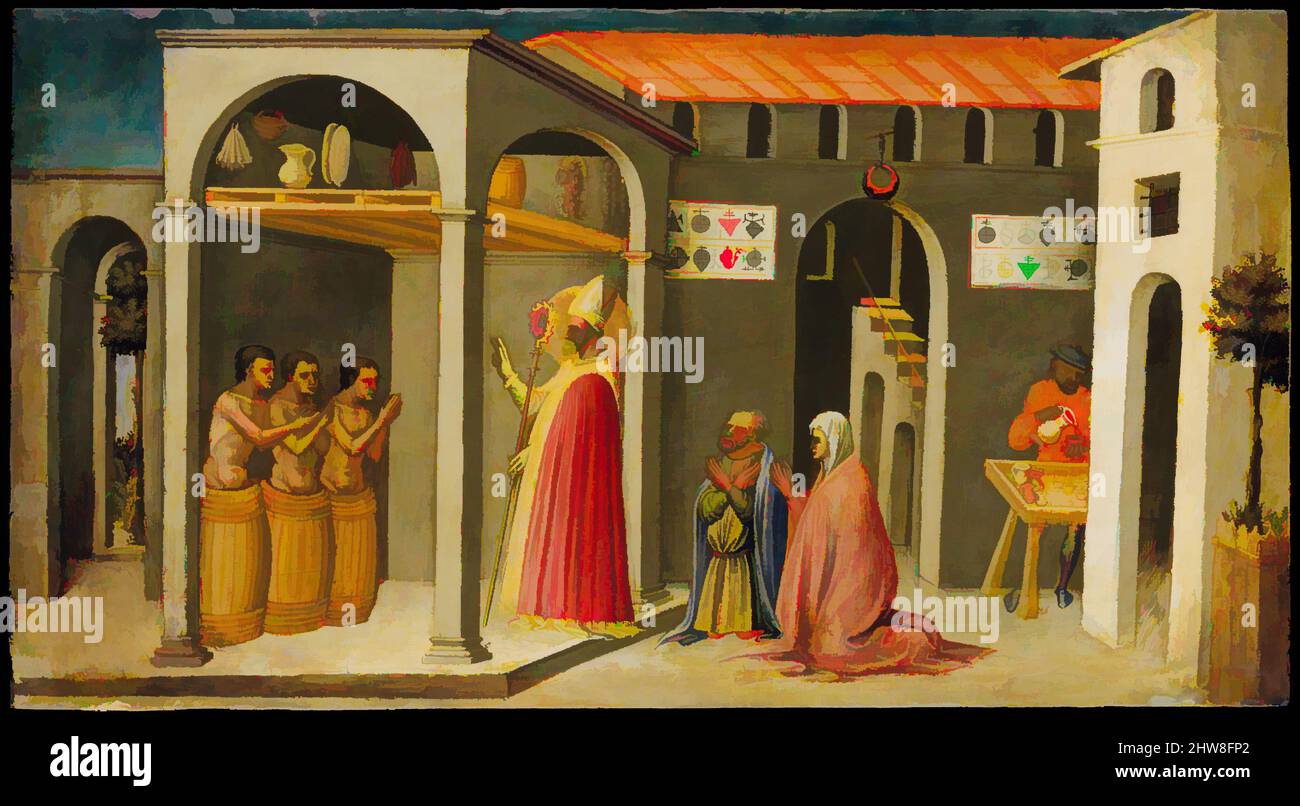 Art inspired by Saint Nicholas Resuscitating Three Youths, 1433–35, Tempera and gold on wood, 12 x 22 1/4 in. (30.5 x 56.5 cm), Paintings, Bicci di Lorenzo (Italian, Florence 1373–1452 Florence), In the top scene, Saint Nicholas, Bishop of Myra (270–343)—the original 'Saint Nick'—is, Classic works modernized by Artotop with a splash of modernity. Shapes, color and value, eye-catching visual impact on art. Emotions through freedom of artworks in a contemporary way. A timeless message pursuing a wildly creative new direction. Artists turning to the digital medium and creating the Artotop NFT Stock Photo