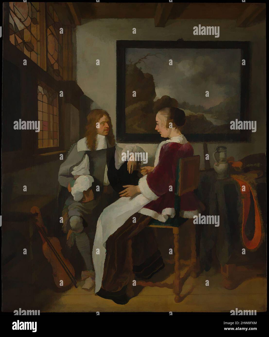Art inspired by Sentimental Conversation, early 1660s, Oil on wood, 16 1/4 x 13 7/8 in. (41.3 x 35.2 cm), Paintings, Quirijn van Brekelenkam (Dutch, Zwammerdam (?), after 1622–ca. 1669 Leiden), In the 1660s Brekelenkam departed from his more familiar themes of humble tradesmen and, Classic works modernized by Artotop with a splash of modernity. Shapes, color and value, eye-catching visual impact on art. Emotions through freedom of artworks in a contemporary way. A timeless message pursuing a wildly creative new direction. Artists turning to the digital medium and creating the Artotop NFT Stock Photo