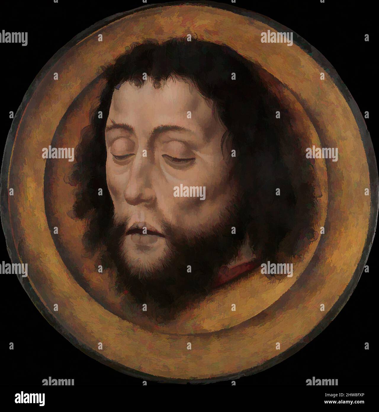 Art inspired by Head of Saint John the Baptist on a Charger, ca. 1500, Oil on poplar, Diameter 11 1/8 in. (28.3 cm), Paintings, Aelbert Bouts (Netherlandish, Leuven ca. 1451/54–1549), This grisly depiction of John the Baptist's severed head was once an extremely popular image, due to, Classic works modernized by Artotop with a splash of modernity. Shapes, color and value, eye-catching visual impact on art. Emotions through freedom of artworks in a contemporary way. A timeless message pursuing a wildly creative new direction. Artists turning to the digital medium and creating the Artotop NFT Stock Photo