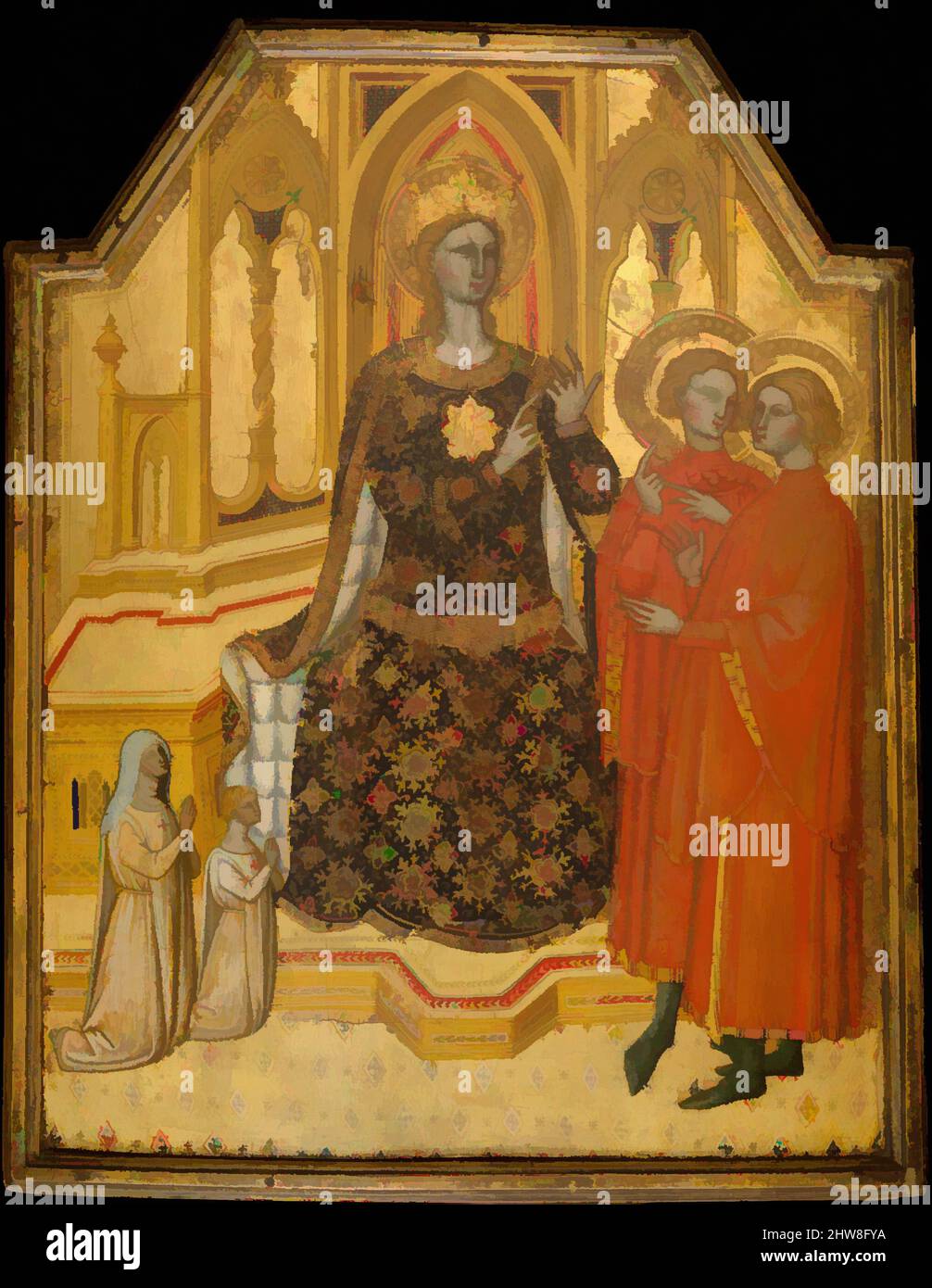 Art inspired by Saint Catherine Disputing and Two Donors, possibly ca. 1380, Tempera on wood, gold ground, Overall, with engaged frame, 22 3/4 x 18 1/4 in. (57.8 x 46.4 cm); painted surface 21 1/4 x 16 3/4 in. (54 x 42.5 cm), Paintings, Cenni di Francesco di Ser Cenni (Italian, Classic works modernized by Artotop with a splash of modernity. Shapes, color and value, eye-catching visual impact on art. Emotions through freedom of artworks in a contemporary way. A timeless message pursuing a wildly creative new direction. Artists turning to the digital medium and creating the Artotop NFT Stock Photo