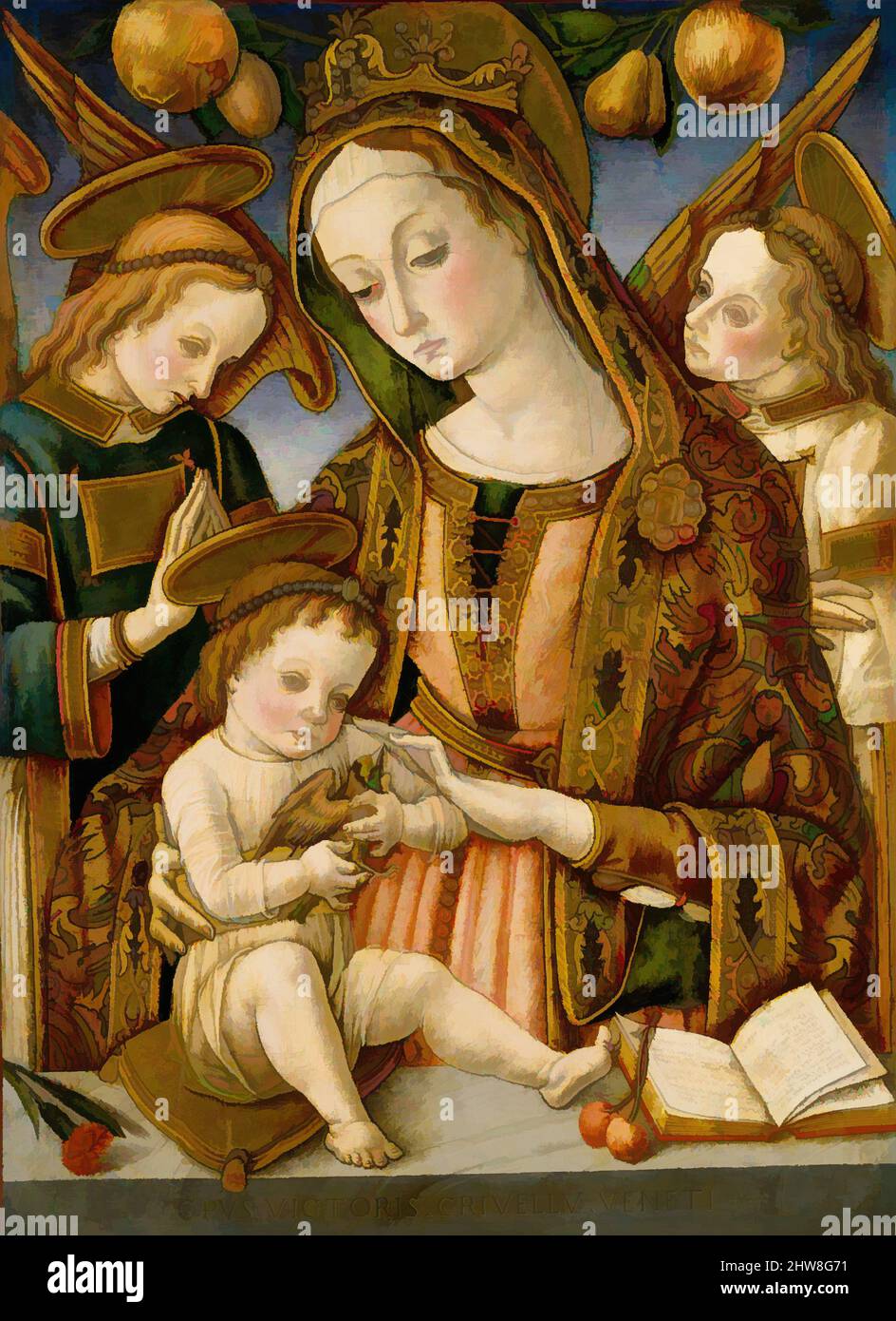 Art inspired by Madonna and Child with Two Angels, ca. 1481–82, Tempera and gold on wood, 21 7/8 x 16 in. (55.6 x 40.6 cm), Paintings, Vittore Crivelli (Italian, Venice, active by 1465–died 1501/2 Fermo), This charming Madonna and Child employs some of the same pictorial devices used, Classic works modernized by Artotop with a splash of modernity. Shapes, color and value, eye-catching visual impact on art. Emotions through freedom of artworks in a contemporary way. A timeless message pursuing a wildly creative new direction. Artists turning to the digital medium and creating the Artotop NFT Stock Photo