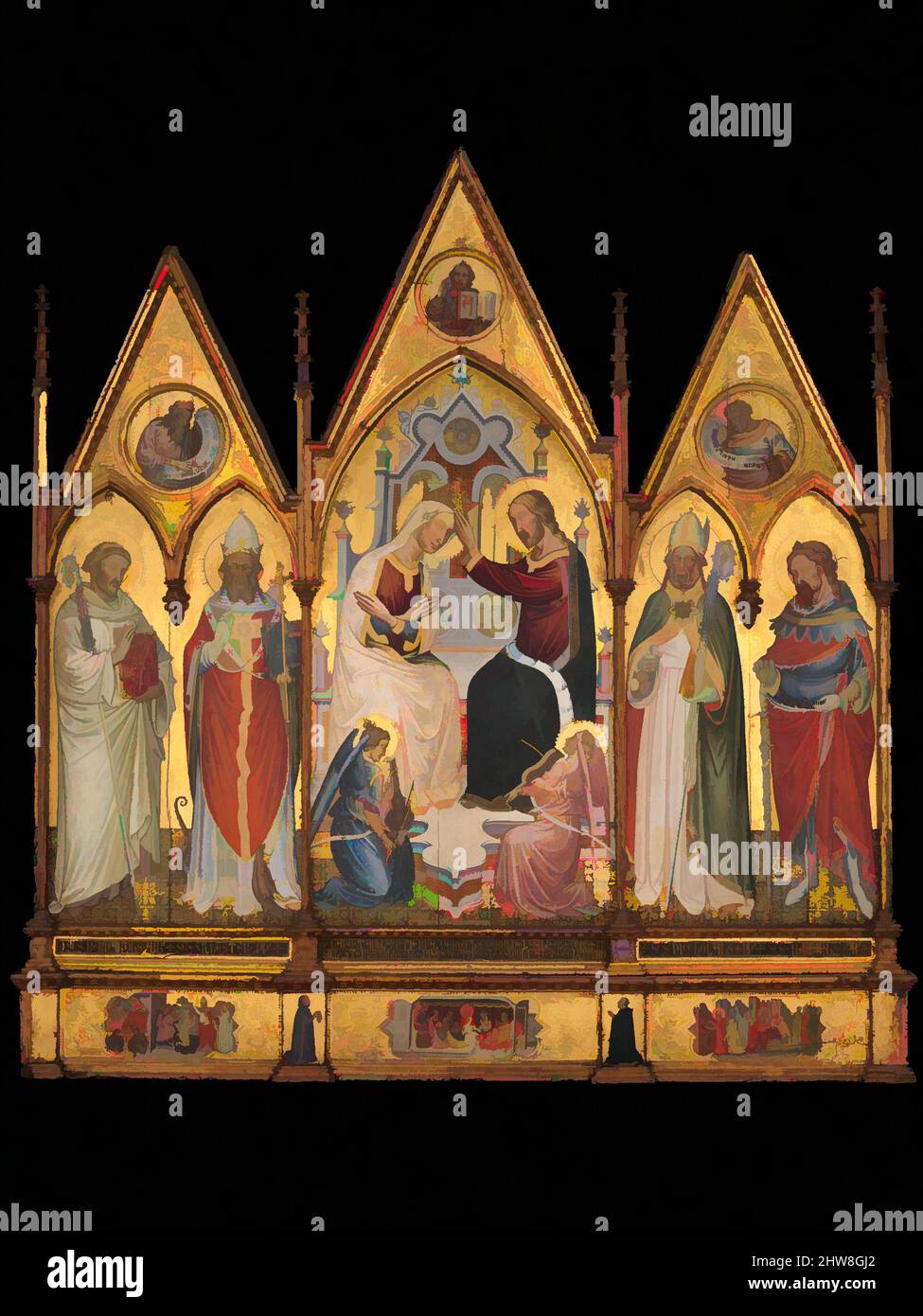 Art inspired by The Coronation of the Virgin, and Saints, 1394, Tempera on wood, gold ground, Overall, with shaped top and engaged frame, 78 3/8 x 76 in. (199.1 x 193 cm), Paintings, Giovanni di Tano Fei (Italian, Florentine, active 1384–1405, Classic works modernized by Artotop with a splash of modernity. Shapes, color and value, eye-catching visual impact on art. Emotions through freedom of artworks in a contemporary way. A timeless message pursuing a wildly creative new direction. Artists turning to the digital medium and creating the Artotop NFT Stock Photo