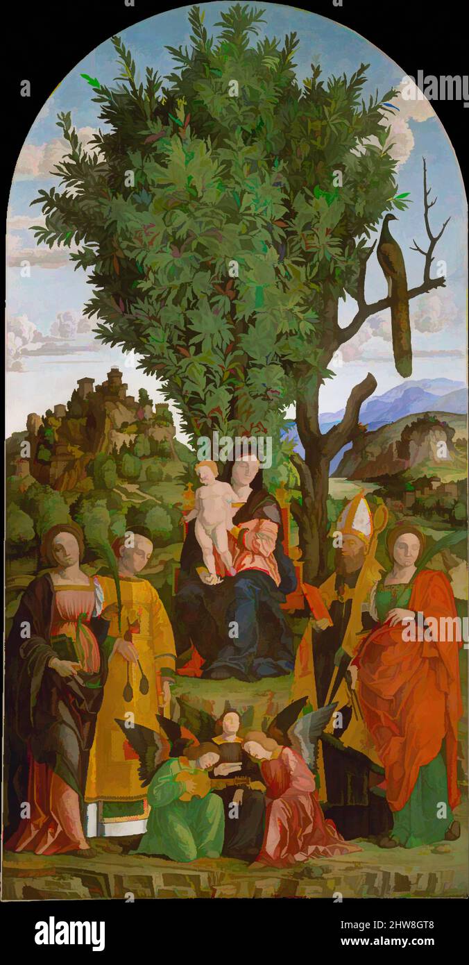 Art inspired by Madonna and Child with Saints, ca. 1520, Tempera and oil on canvas, Arched top, 157 x 81 1/2 in. (398.8 x 207 cm), Paintings, Girolamo dai Libri (Italian, Verona 1474–1555 Verona), The saints (left to right) are Catherine of Alexandria, Leonard, Augustine, and Apollonia, Classic works modernized by Artotop with a splash of modernity. Shapes, color and value, eye-catching visual impact on art. Emotions through freedom of artworks in a contemporary way. A timeless message pursuing a wildly creative new direction. Artists turning to the digital medium and creating the Artotop NFT Stock Photo