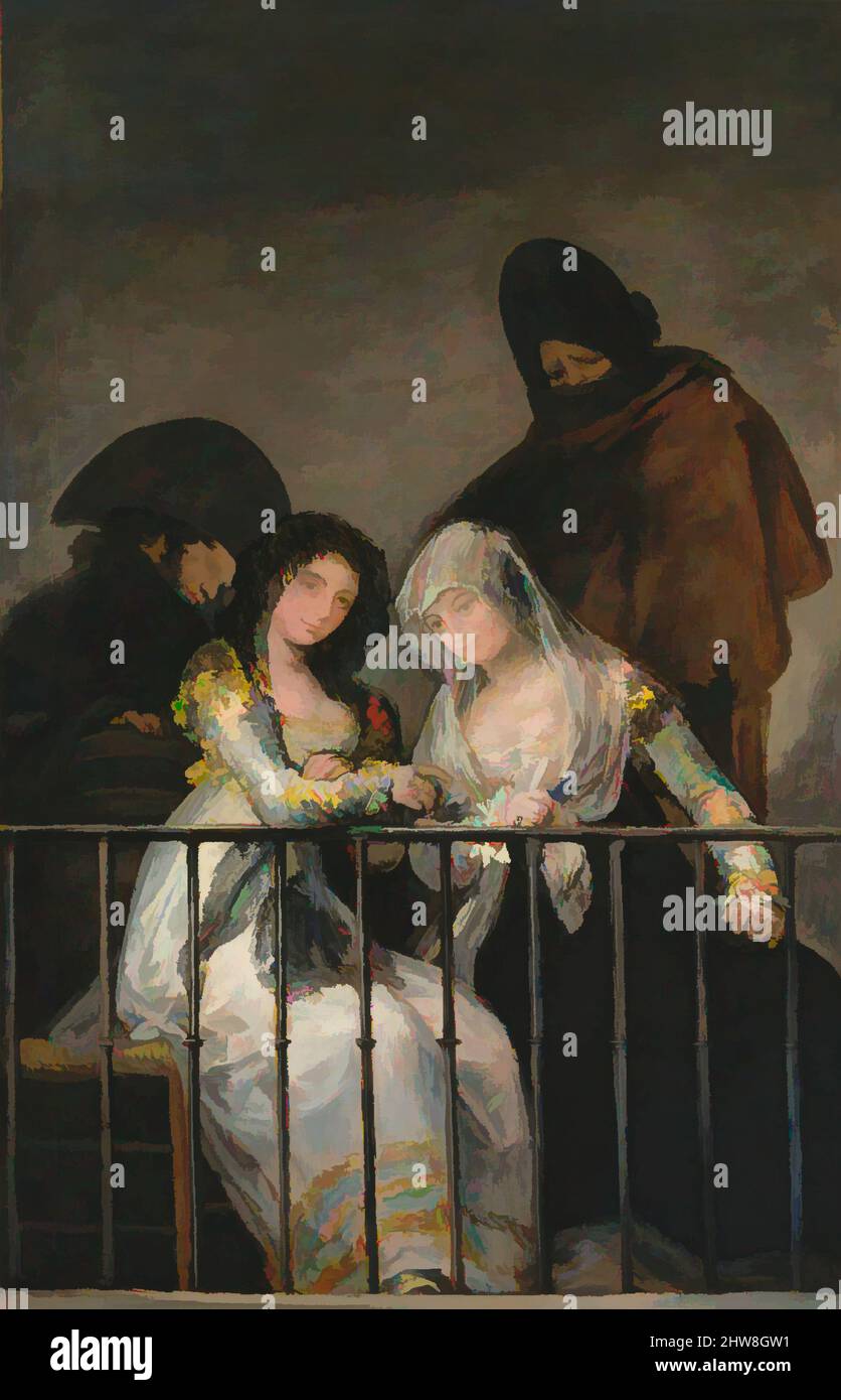 Art inspired by Majas on a Balcony, ca. 1800–1810, Oil on canvas, 76 3/4 x 49 1/2in. (194.9 x 125.7cm), Paintings, Attributed to Goya (Francisco de Goya y Lucientes) (Spanish, Fuendetodos 1746–1828 Bordeaux), The theme of women on a balcony overseen by watchful, somewhat threatening, Classic works modernized by Artotop with a splash of modernity. Shapes, color and value, eye-catching visual impact on art. Emotions through freedom of artworks in a contemporary way. A timeless message pursuing a wildly creative new direction. Artists turning to the digital medium and creating the Artotop NFT Stock Photo