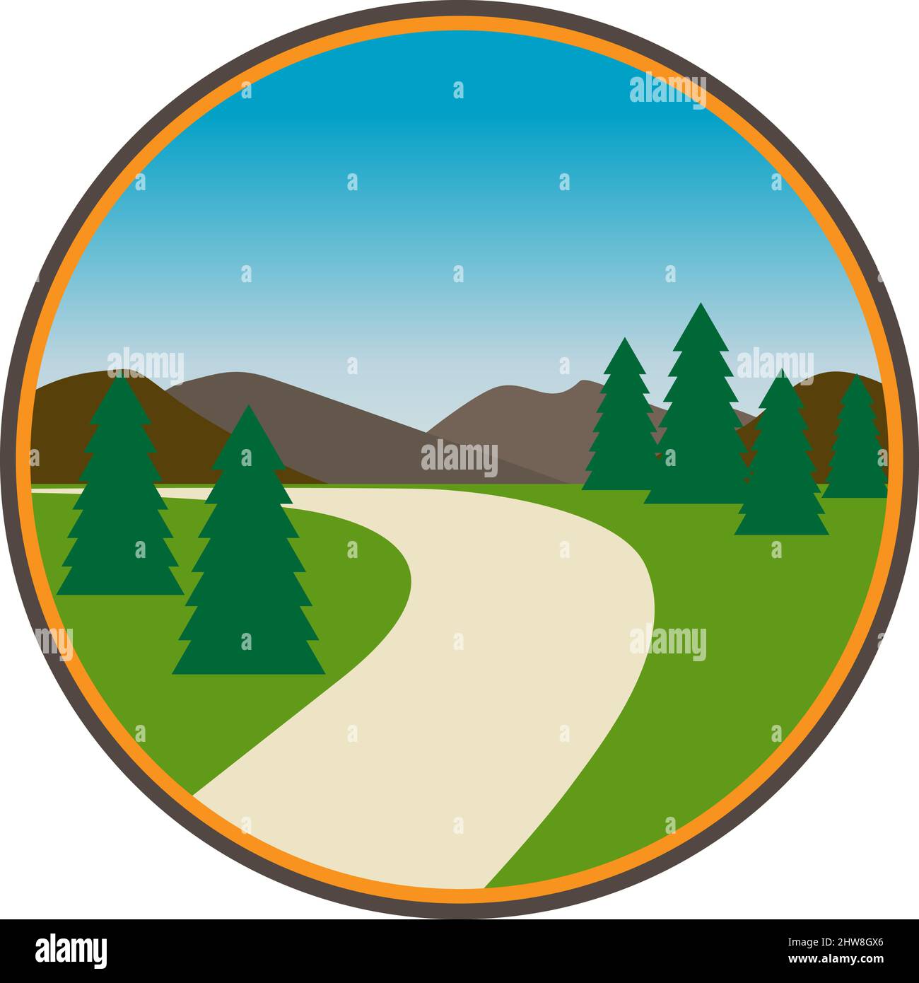 Curved walking path trail with pine trees and mountains - Vector Illustration Stock Vector