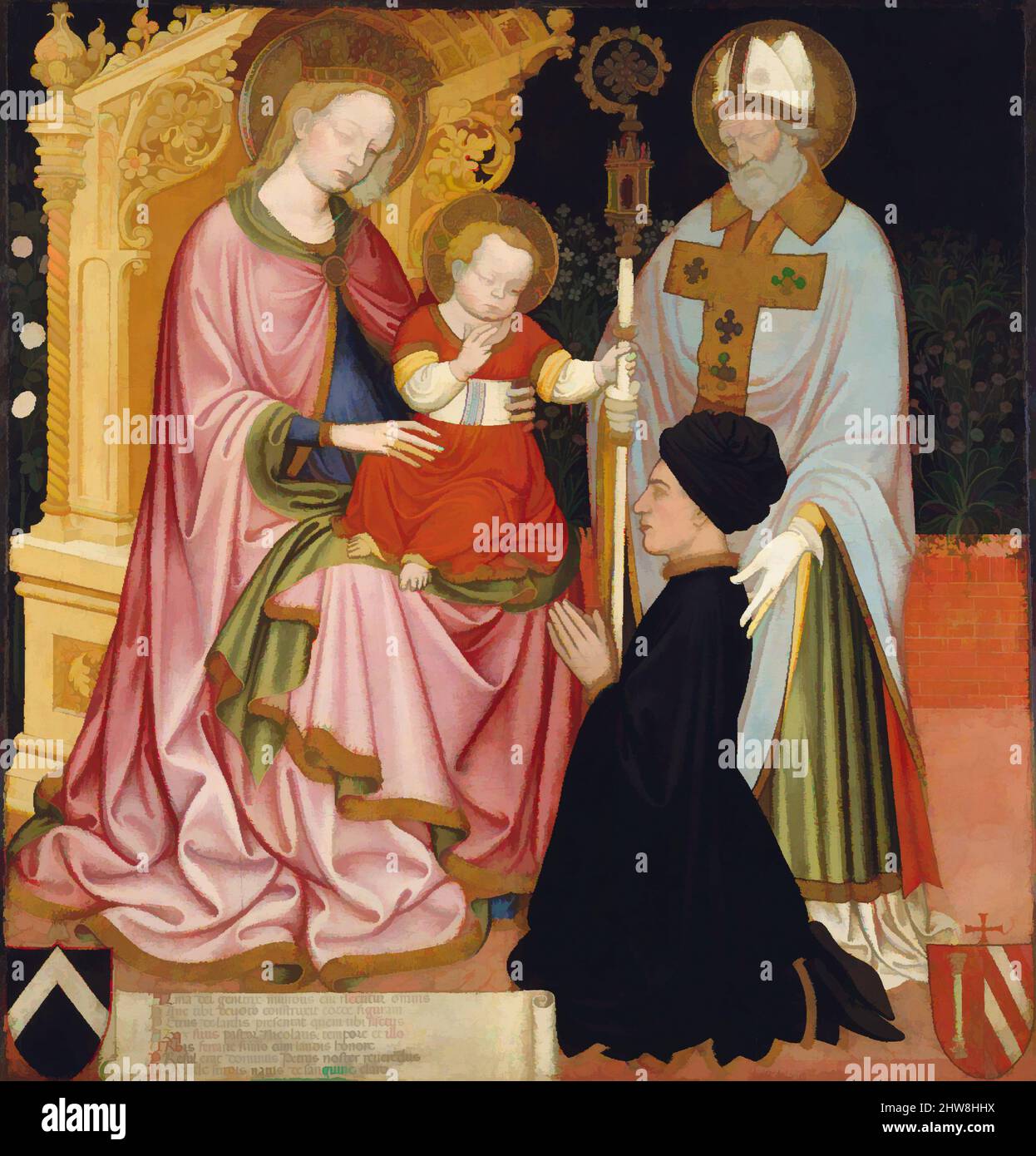 Art inspired by Madonna and Child with the Donor, Pietro de' Lardi, Presented by Saint Nicholas, ca. 1420–30, Tempera and gold on wood, Overall 45 7/8 x 43 5/8 in. (116.5 x 110.8 cm); painted surface 44 1/8 x 41 3/4 in. (112.1 x 106 cm), Paintings, Master G.Z. (possibly Michele dai, Classic works modernized by Artotop with a splash of modernity. Shapes, color and value, eye-catching visual impact on art. Emotions through freedom of artworks in a contemporary way. A timeless message pursuing a wildly creative new direction. Artists turning to the digital medium and creating the Artotop NFT Stock Photo
