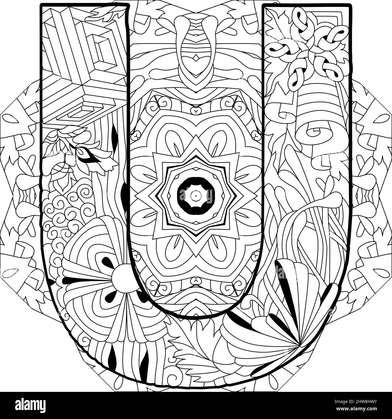 Zentangle stylized alphabet - letter U with mandala for coloring. Vector illustration. Ethnic pattern Stock Vector
