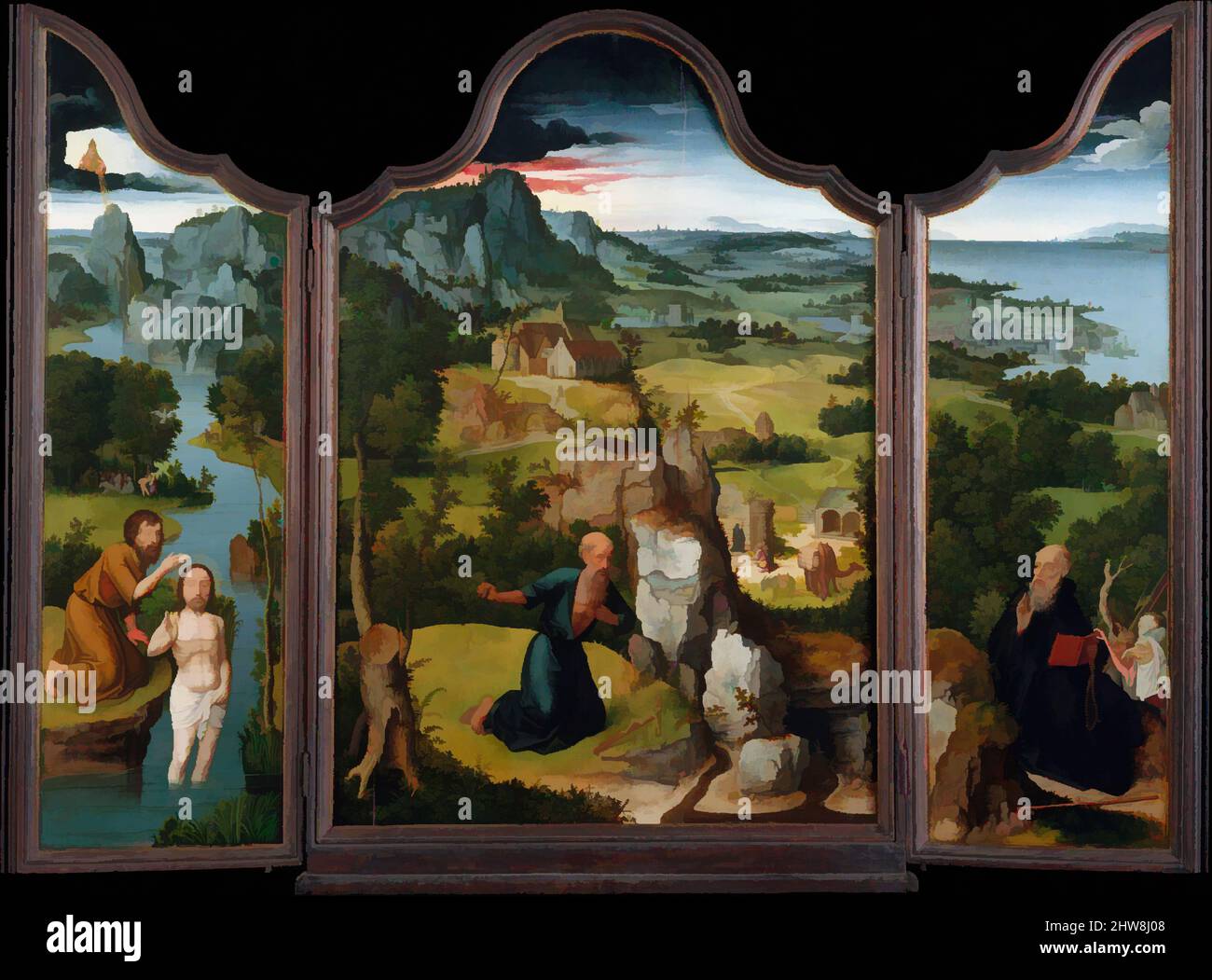 Art inspired by The Penitence of Saint Jerome, ca. 1512–15, Oil on wood, Shaped top: central panel, overall, with engaged frame, 46 1/4 x 32 in. (117.5 x 81.3 cm); each wing, overall, with engaged frame, 47 1/2 x 14 in. (120.7 x 35.6 cm), Paintings, Joachim Patinir (Netherlandish, Classic works modernized by Artotop with a splash of modernity. Shapes, color and value, eye-catching visual impact on art. Emotions through freedom of artworks in a contemporary way. A timeless message pursuing a wildly creative new direction. Artists turning to the digital medium and creating the Artotop NFT Stock Photo