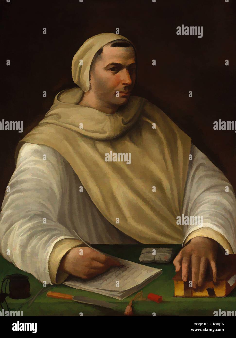 Art inspired by Portrait of an Olivetan Monk, Oil on canvas, 38 1/4 x 28 5/8 in. (97.2 x 72.7 cm), Paintings, Attributed to Baldassare Tommaso Peruzzi (Italian, Ancaiano 1481–1536 Rome), The sitter in this portrait is an Olivetan monk, a branch of the Benedictines. He is surrounded by, Classic works modernized by Artotop with a splash of modernity. Shapes, color and value, eye-catching visual impact on art. Emotions through freedom of artworks in a contemporary way. A timeless message pursuing a wildly creative new direction. Artists turning to the digital medium and creating the Artotop NFT Stock Photo