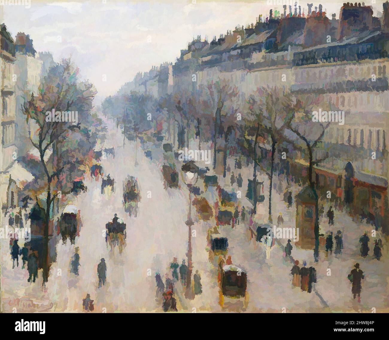 Art inspired by The Boulevard Montmartre on a Winter Morning, 1897, Oil on canvas, 25 1/2 x 32 in. (64.8 x 81.3 cm), Paintings, Camille Pissarro (French, Charlotte Amalie, Saint Thomas 1830–1903 Paris), After spending six years in rural Éragny, Pissarro returned to Paris, where he, Classic works modernized by Artotop with a splash of modernity. Shapes, color and value, eye-catching visual impact on art. Emotions through freedom of artworks in a contemporary way. A timeless message pursuing a wildly creative new direction. Artists turning to the digital medium and creating the Artotop NFT Stock Photo