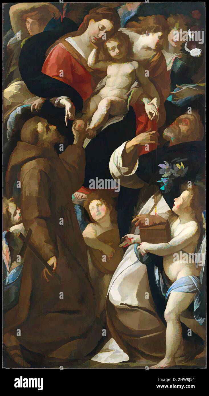 Art inspired by Madonna and Child with Saints Francis and Dominic and Angels, Oil on canvas, 101 1/8 x 56 3/8 in. (256.9 x 143.2 cm), Paintings, Giulio Cesare Procaccini (Italian, Bologna 1574–1625 Milan), This altarpiece shows the Institution of the Rosary, established by Saint, Classic works modernized by Artotop with a splash of modernity. Shapes, color and value, eye-catching visual impact on art. Emotions through freedom of artworks in a contemporary way. A timeless message pursuing a wildly creative new direction. Artists turning to the digital medium and creating the Artotop NFT Stock Photo
