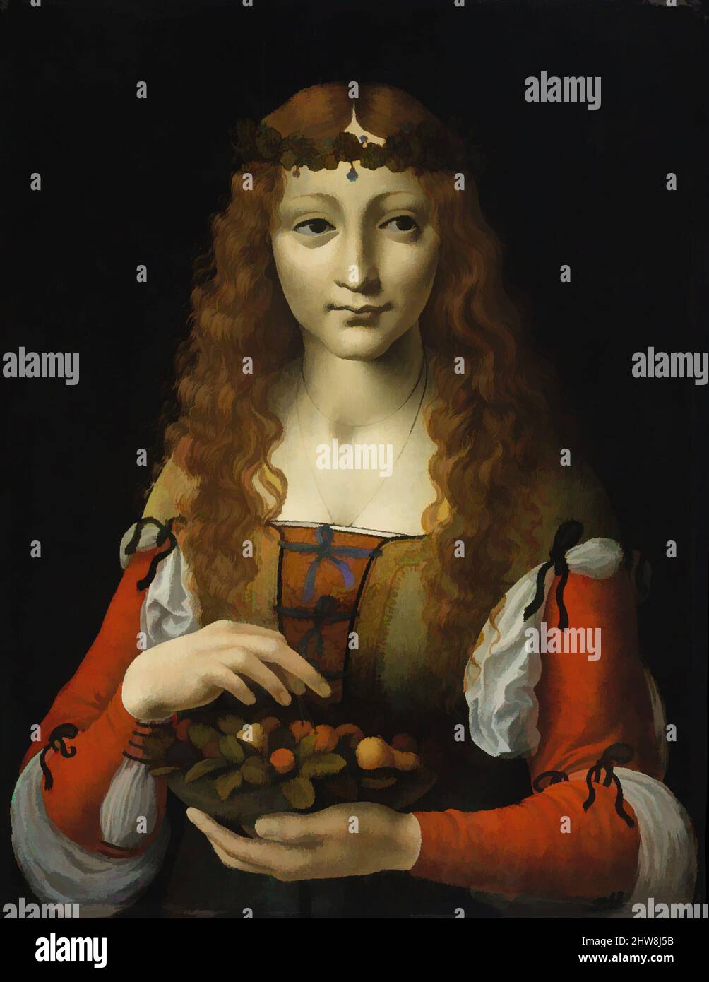 Art inspired by Girl with Cherries, ca. 1491–95, Oil on wood, 19 1/4 x 14 3/4 in. (48.9 x 37.5 cm), Paintings, Attributed to Giovanni Ambrogio de Predis (Italian, Milanese, active by 1472–died after 1508), Trained in Milan, Ambrogio de Predis was associated after 1483 with Leonardo da, Classic works modernized by Artotop with a splash of modernity. Shapes, color and value, eye-catching visual impact on art. Emotions through freedom of artworks in a contemporary way. A timeless message pursuing a wildly creative new direction. Artists turning to the digital medium and creating the Artotop NFT Stock Photo